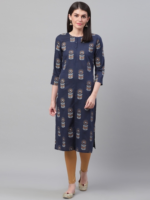 

AHIKA Women Navy Blue & Peach-Coloured Screen Printed Straight Kurta