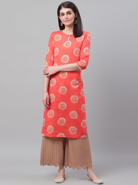 

AHIKA Women Coral Orange & Beige Screen Printed Straight Kurta