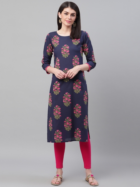 

AHIKA Women Navy Blue & Pink Floral Screen Printed Straight Kurta