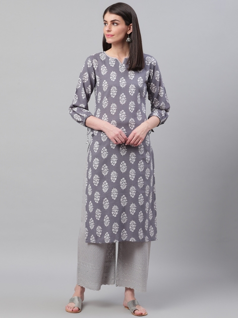 

AHIKA Women Grey & White Screen Printed Straight Kurta