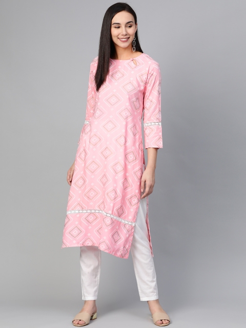

AHIKA Women Pink & White Printed Straight Kurta
