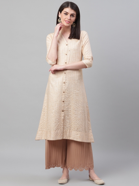 

AHIKA Women Beige Screen Self-Striped A-Line Kurta