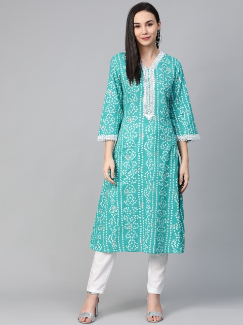 

AHIKA Women Green & White Bandhani Print A-Line Kurta