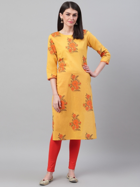 

AHIKA Women Yellow & Orange Floral Screen Printed Straight Kurta