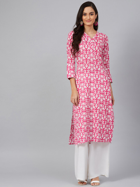 

AHIKA Women Pink & White Screen Printed Straight Kurta