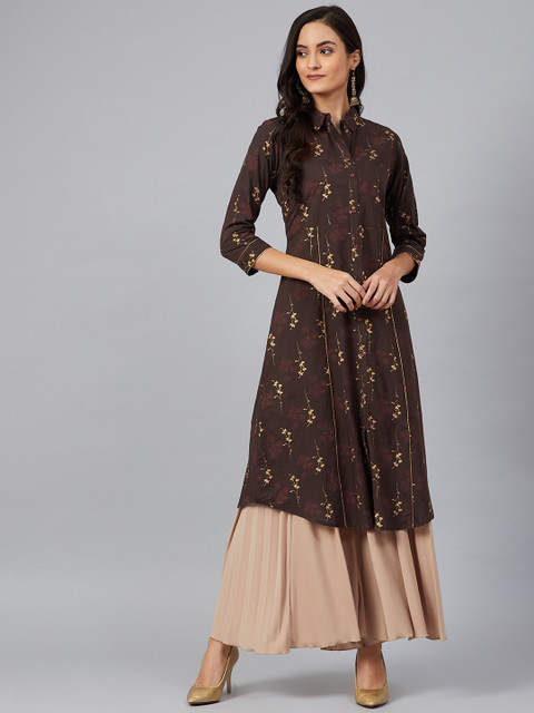 

AHIKA Women Coffee Brown & Golden Screen Floral Printed A-Line Kurta