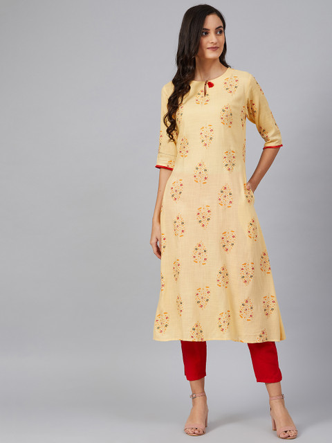 

AHIKA Women Yellow & Red Screen Printed A-Line Kurta