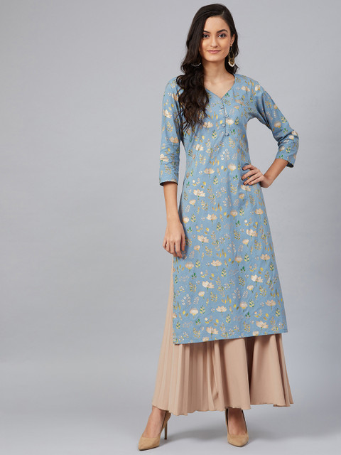 

AHIKA Women Blue & Golden Screen Floral Printed Straight Kurta