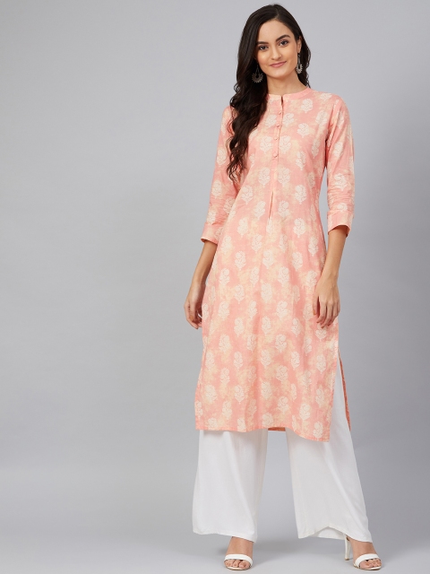 

AHIKA Women Peach-Coloured & Beige Screen Printed Pleated Straight Kurta