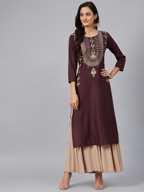 

AHIKA Women Burgundy & Beige Screen Print Yoke Design Straight Kurta