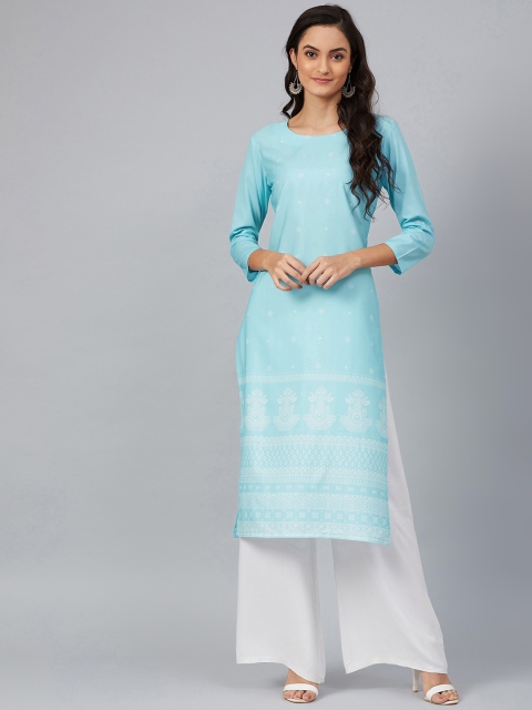 

AHIKA Women Blue & White Screen Printed Straight Kurta