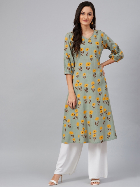 

AHIKA Women Green & Mustard Yellow Floral Screen Printed A-Line Kurta