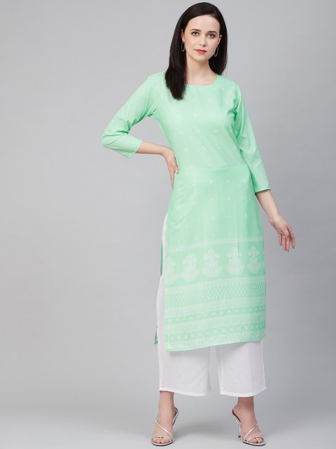 

AHIKA Women Green & White Printed Straight Kurta
