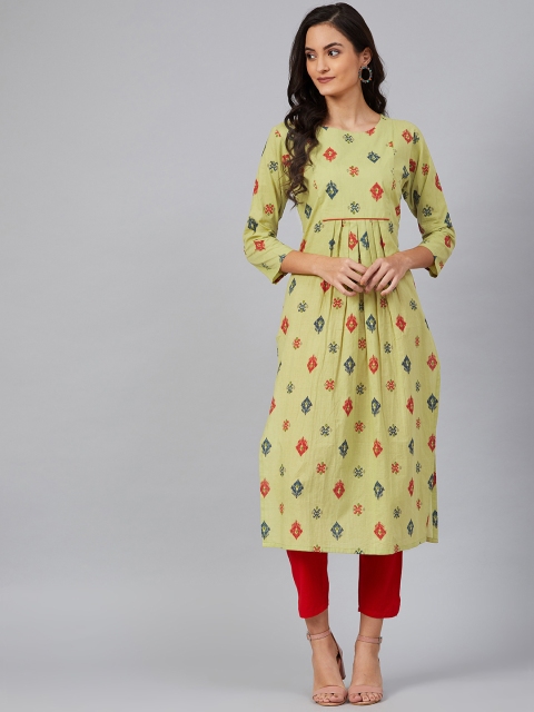 

AHIKA Women Green & Blue Screen Printed Pleated Straight Kurta, Lime green