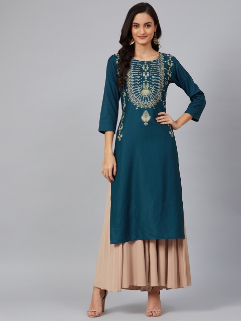 

AHIKA Women Teal Blue & Beige Screen Print Yoke Design Straight Kurta