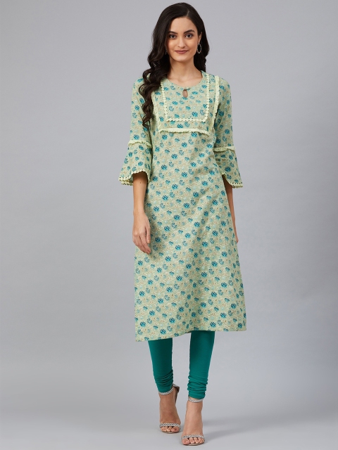 

AHIKA Women Green & Turquoise Blue Floral Screen Printed Straight Kurta