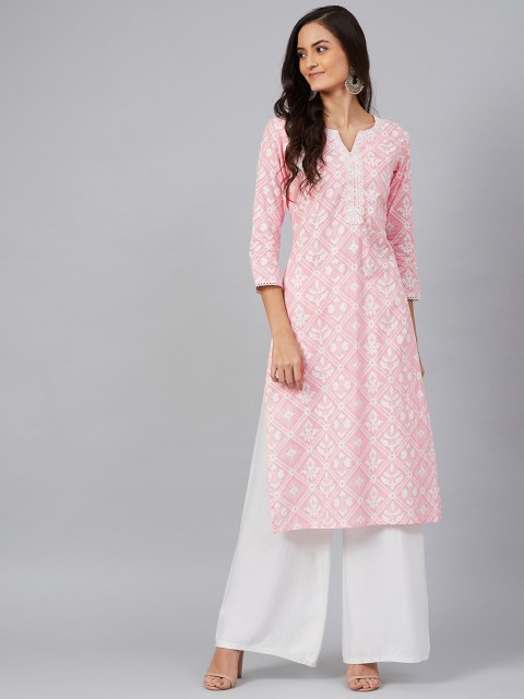 

AHIKA Women Pink & White Lace Embroidered Detail Screen Printed Straight Kurta