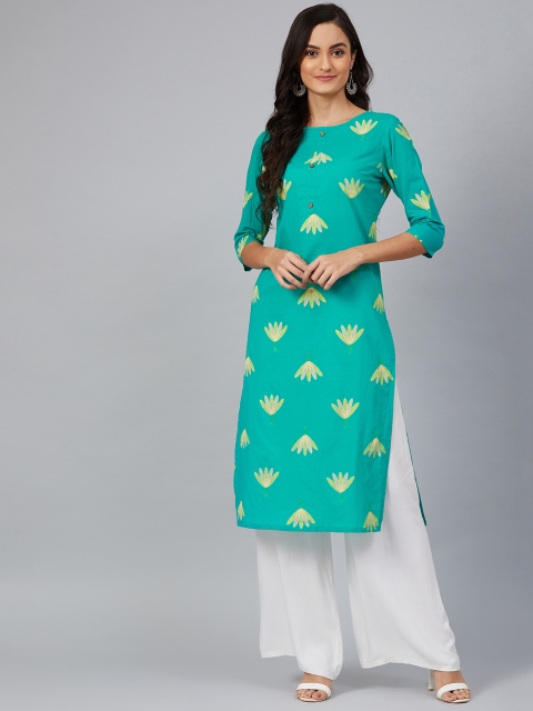 

AHIKA Women Green & Off-White Screen Printed Straight Kurta