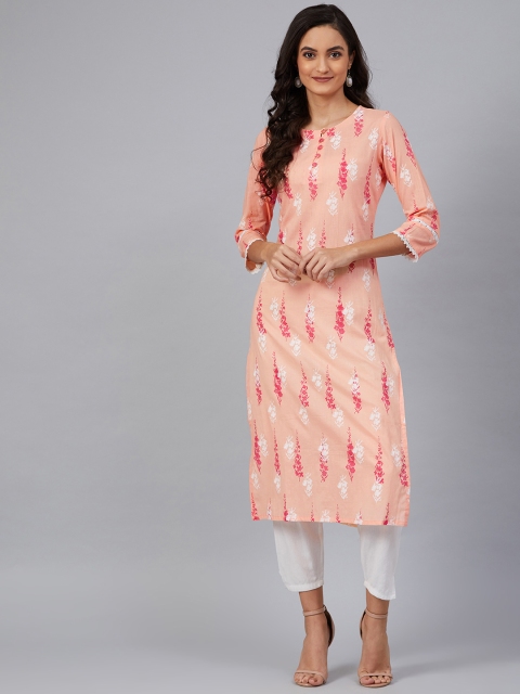 

AHIKA Women Peach-Coloured & White Screen Printed Straight Kurta