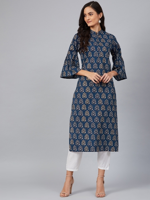 

AHIKA Women Navy Blue & White Screen Printed Straight Kurta