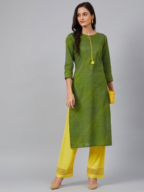 

AHIKA Women Green & Yellow Leheriya Screen Printed Straight Kurta