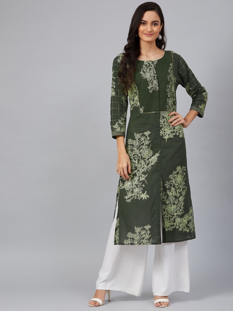 

AHIKA Women Green & Off-White Screen Printed Straight Kurta