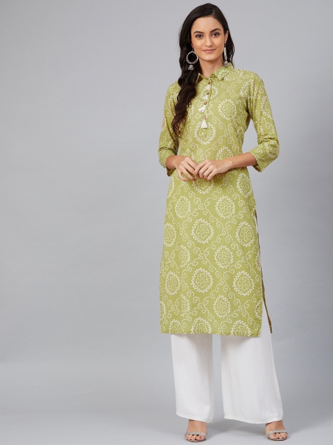 

AHIKA Women Green & White Bandhani Screen Printed Straight Kurta