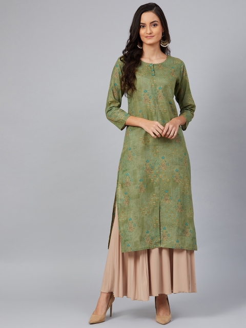 

AHIKA Women Green & Beige Screen Printed Straight Kurta