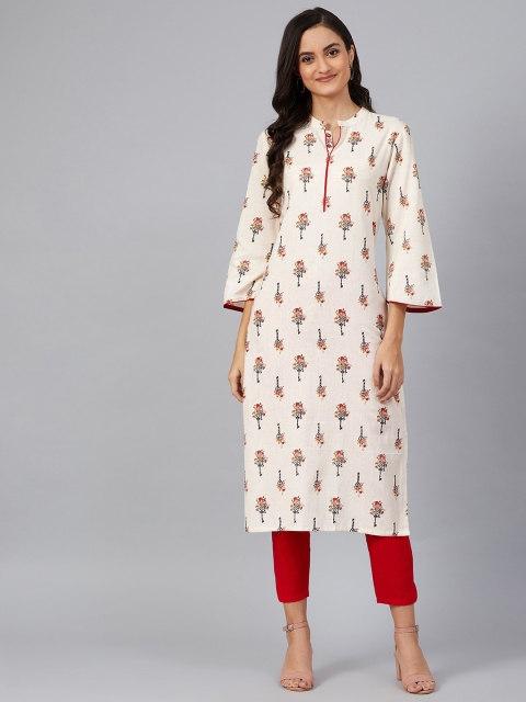 

AHIKA Women Off-White & Red Quirky Floral Screen Printed Straight Kurta