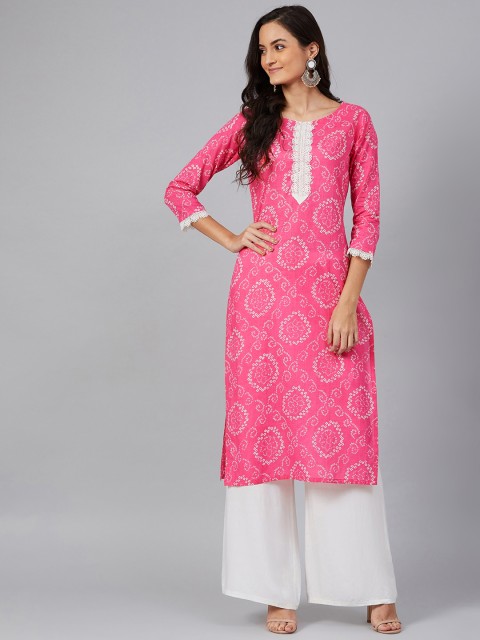 

AHIKA Women Pink & White Bandhani Screen Printed Straight Kurta
