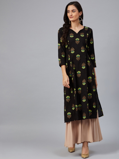 

AHIKA Women Black & Green Screen Printed Straight Kurta