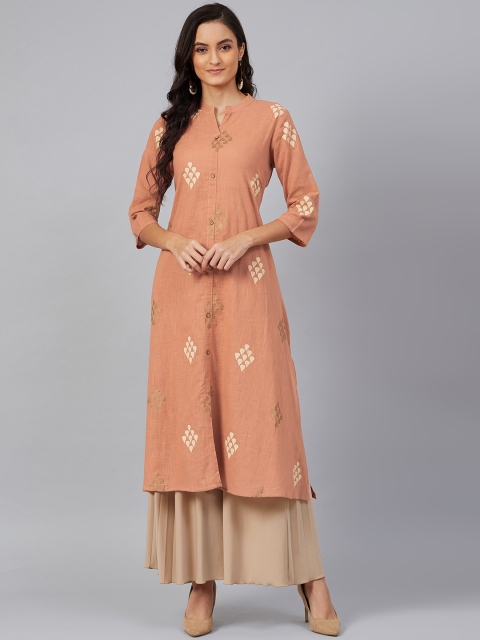 

AHIKA Women Peach-Coloured & Beige Screen Printed A-Line Kurta