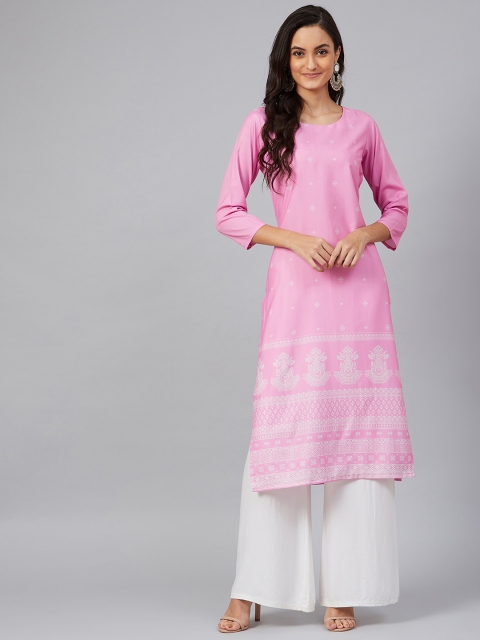 

AHIKA Women Pink & White Screen Printed Straight Kurta