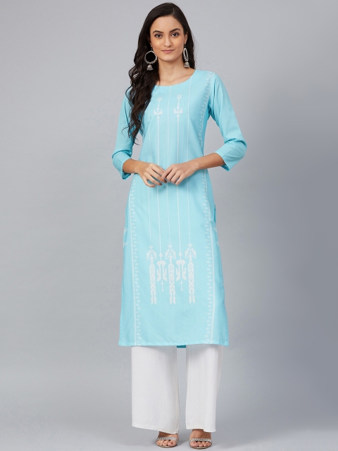 

AHIKA Women Blue & White Screen Printed Straight Kurta