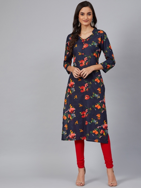 

AHIKA Women Navy Blue & Orange Foil Printed Straight Kurta