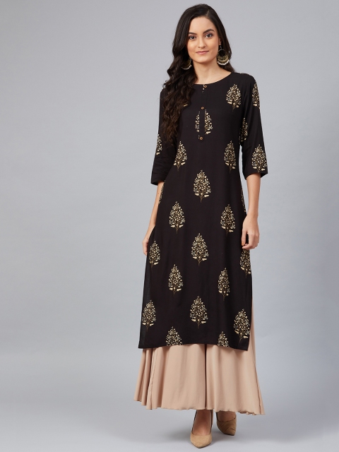 

AHIKA Women Black & Off-White Screen Printed Straight Kurta