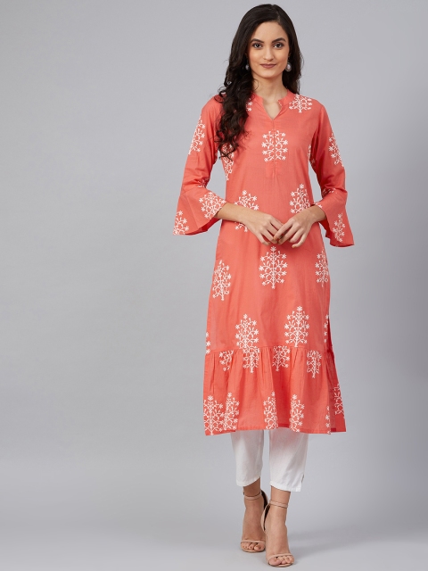 

AHIKA Women Coral Pink & White Printed Straight Kurta