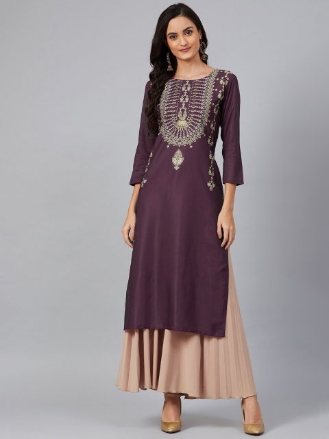 

AHIKA Women Purple & Yellow Yoke Design Straight Kurta