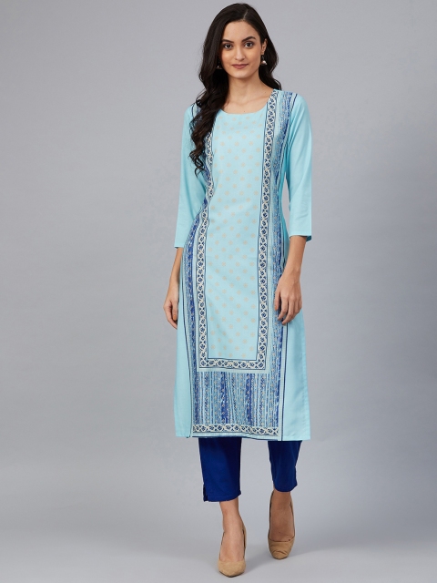 

AHIKA Women Blue & Yellow Printed Straight Kurta
