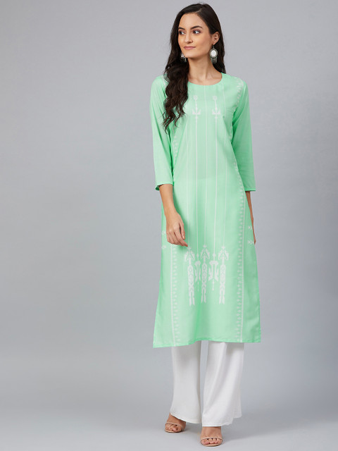 

AHIKA Women Green & White Printed Straight Kurta