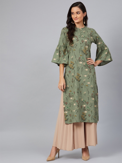 

AHIKA Women Olive Green & Brown Floral Printed Straight Kurta