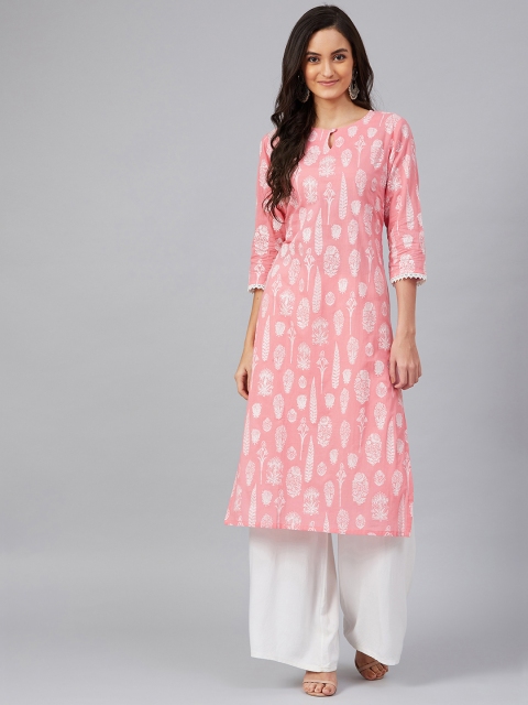 

AHIKA Women Pink & White Printed Straight Kurta