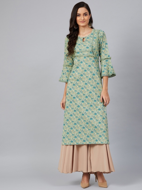 

AHIKA Women Green & Brown Floral Printed Straight Kurta