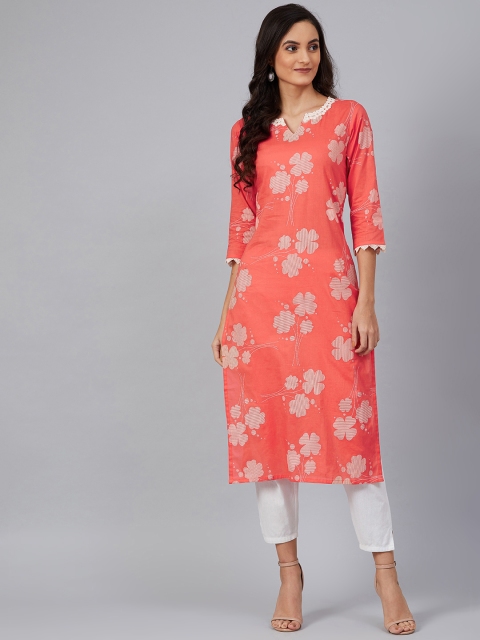 

AHIKA Women Coral Red & White Printed Straight Kurta