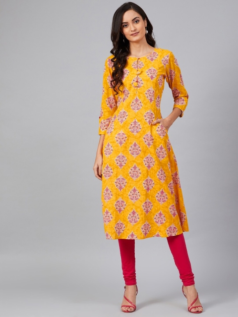 Women Mustard Yellow & Pink Printed A-Line Kurta