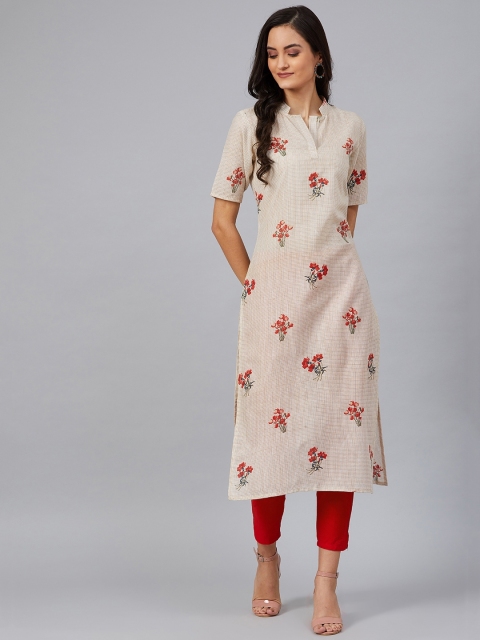 

AHIKA Women Off-White & Red Floral Print Checked Straight Kurta