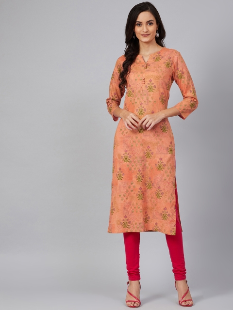 

AHIKA Women Orange & Green Printed Straight Kurta