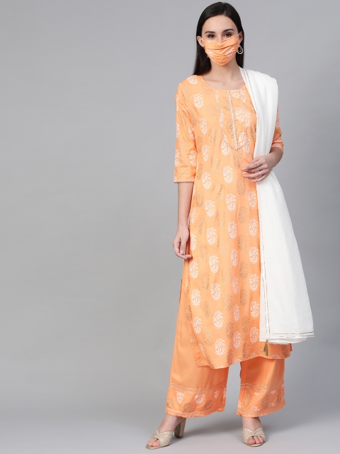 

Sringam Women Peach-Coloured & Off-White Printed Kurta with Palazzos, Dupatta & Mask