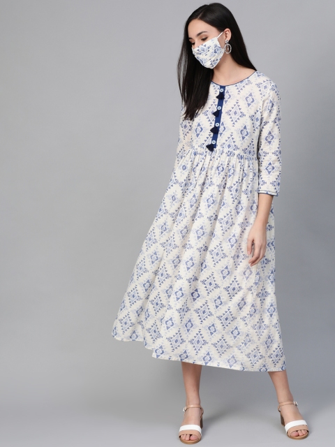 

Sringam Women Off-White & Blue Printed Maxi Dress With Matching Mask