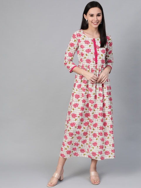 

Sringam Women Off-White & Pink Floral Printed Maxi Dress